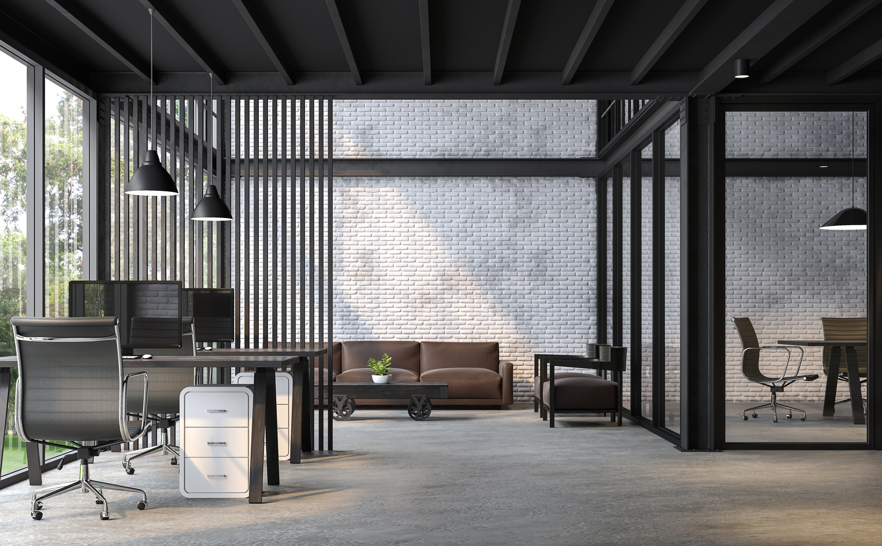 Industrial loft style office 3d render.There are white brick wall