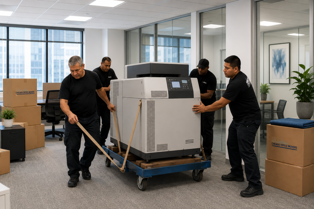 Movers transporting office equipment in action