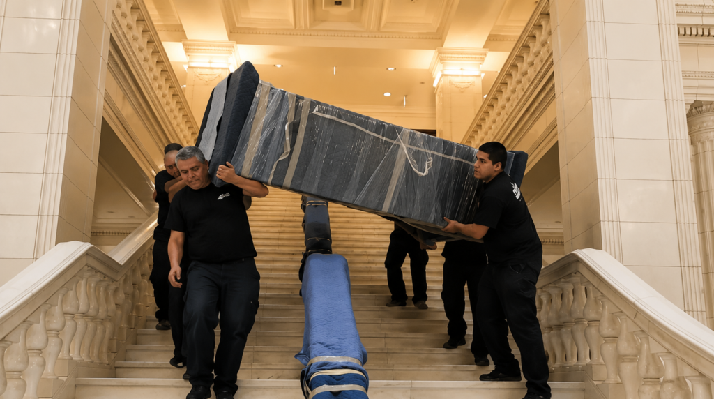 Union Movers navigating a grand marble staircase