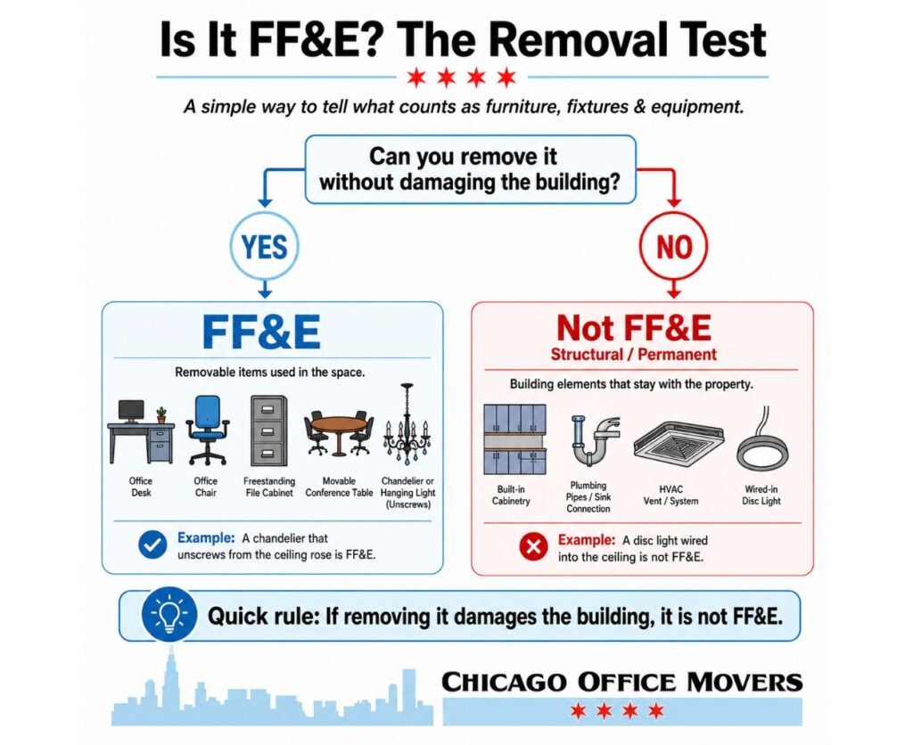 Is It FF&E removal test infographic showing removable office furniture and equipment versus permanent structural elements. Is It FF&E removal test infographic showing removable office furniture and equipment versus permanent structural elements.